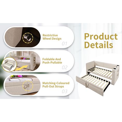 Tagesbett 90x200 cm beige mit Ausziehbett und USB, platzsparend, ohne Matratze – MEUBLIV (1/5)