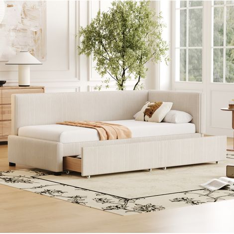 Letto da giorno imbottito Mid-Century beige 90x200 cm con testiera reversibile, 2 cassetti grandi e rete a doghe