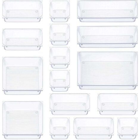 16 pièces organisateur tiroir, 5 tailles boite rangement tiroir, antidérapant organiseur maquillage, pour papeterie de bureau rangement, commode, salle de bain, cuisine (transparent) (1/4)