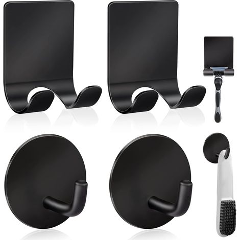 Soporte de acero inoxidable para afeitadora de ducha + ganchos de pared adhesivos impermeables de alta calidad para colgar toallas, abrigos y sombreros (paquete de 2 + 2) - Negro