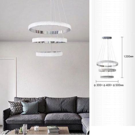 Lampadario a sospensione led 52w con cerchi argento design moderno per camera cucina salotto (1/3)
