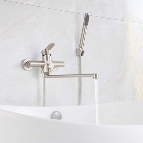 Grifo monomando para bañera, grifo para bañera con ducha de mano, monomando redondo de pared, ducha de mano de acero inoxidable cepillado para baño (1/5)