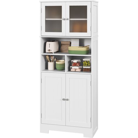 Weißes Küchen-Sideboard (60 x 30 x 145,5 cm) mit 4 Glastüren, Nischen und verstellbaren Einlegeböden.