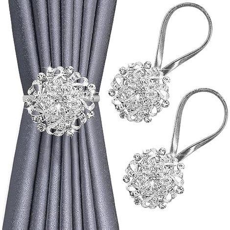 Embouts de rideaux magnétiques scintillants, lot de 2, clips décoratifs en cristal pour rideaux de fenêtre, serre-rideaux avec ressort en acier inoxydable, sans perçage pour maison hôtel bureau (Argen (1/5)