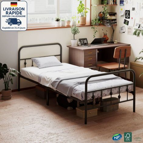 Lit simple 90x200 cm, cadre de lit - hauteur 88 cm, pour chambre ou chambre d'amis, Noir (1/5)