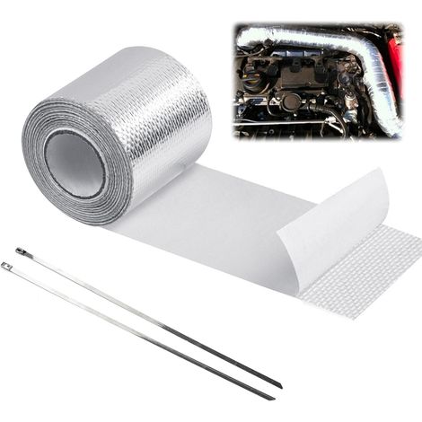 Bande Thermique Echappement, 5m x 5cm Bande d'Échappement avec 2 Attaches de Câble Isolant Thermique Echappement pour Tuyeau Collecteur Echappement Moto Bande Isolante Thermique, 1 Pièces, Argent (1/5)