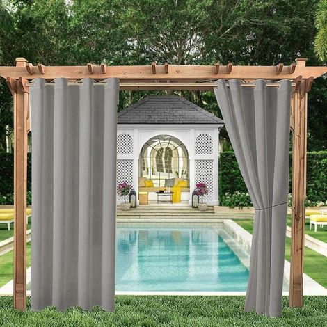 2 pieces rideaux d'extérieur imperméables, rideaux occultants et isolants thermiques pour tonnelle, abri de jardin, pergola, véranda, 132 x 213 cm,Gris clair (1/5)