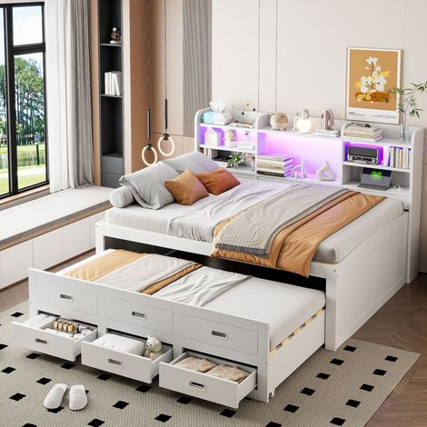 Cama 140x200 cm blanca de madera con LED, almacenaje y cama nido, sin colchón – MEUBLIV (1/5)