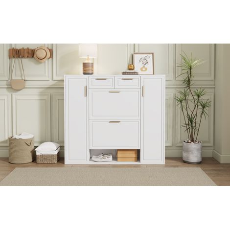 Armoire à chaussures moderne,avec étagères réglables,poignées dorées,2 tiroirs,meuble pliant et 2 portes,blanche,W120/D24/H107 CM