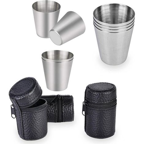 8 Pièces Edelstahlbecher 30ml Petite Liqueur Schnapsbecher Gobelets Empilables ballon de la hanche Tasse de Camping verres à liqueur, Portable tasse en métal avec étui en Cuir pour Vacances de plein a (1/5)