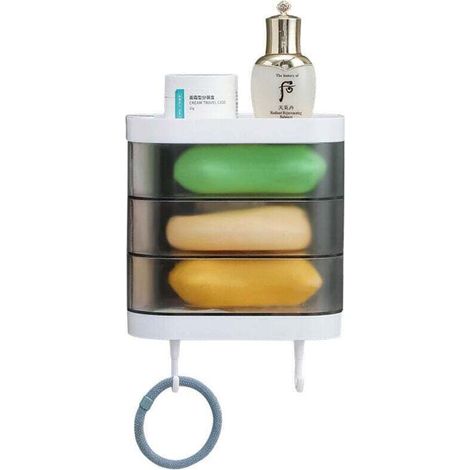 Porte-savon mural à 3 couches avec 2 crochets, support de savon rotatif à 180 degrés, étanche à la poussière, organiseur de rangement pour salle de bain, douche, cuisine (transparent) (1/3)