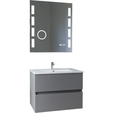 Meuble vasque ROSALY INOX 70 cm + miroir Excellence- Gris- Plan vasque en Céramique (1/5)
