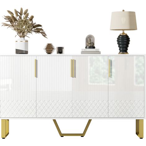 Buffet de Rangement 4 Portes Meuble de Salon Contemporain en MDF Finition Blanc Brillant 140 x 40 x 80 cm Pieds Métal (1/5)