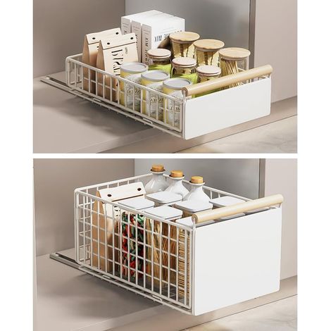 Lot de 2 Tiroir Coulissant Pliable Sans Perçage ni Collage,Panier coulissant pour Cuisine Placard,Coulisse Rangement ,Telescopique, Blanc Grande+petit (1/5)