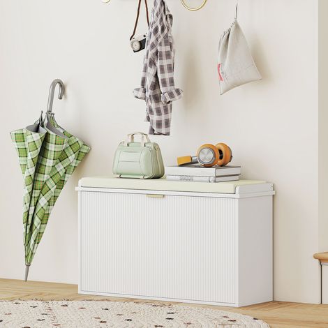 Panca Scarpiera avec Étagère Intérieure, Bois et Tissu Aspect Lin, 80x26x47.5 cm, Blanc et Beige (1/5)