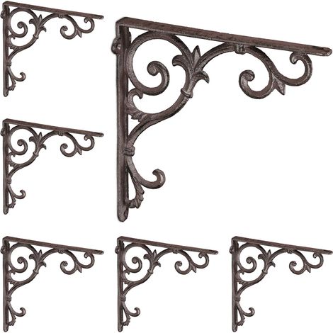 Relaxdays 6x Shelf Brackets, Cast Iron, Rack Support, Vintage Motif, HWD: 24.5 x 4 x 24.5 cm, Angle for Shelves, Brown