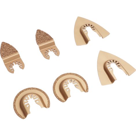 6-teiliges Set oszillierender Sägeblätter, universell einsetzbar, Hartmetall, sortiert, halbkreisförmig, dreieckig, Fingerblätter, für Fliesen (1/5)