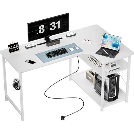 Bureau Gaming en Forme L, 120x80 cm Bureau d’Ordinateur avec Port de Charge USB et Prise de Courant, Bureau d’Angle avec Étagère de Stockage, Crochet pour Casque, Table de Jeu (1/5)