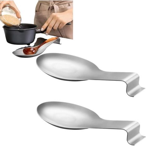 Set di due poggia-cucchiaio in acciaio inox argentato, dimensioni 24,89 cm × 9,65 cm, per tenere fermi i mestoli su bancone e fornello. (1/5)