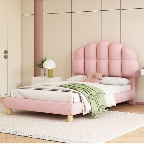 Letto singolo imbottito 90x200 cm rosa in bouclé con rete a doghe e testiera regolabile (1/5)