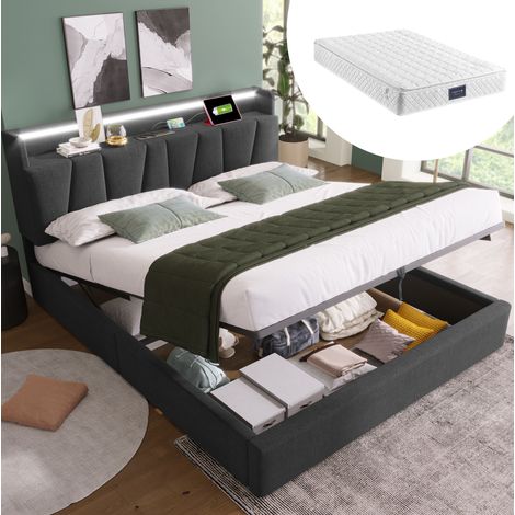 Lit coffre 160x200 LED avec USB et matelas gris HAVRYA (1/5)