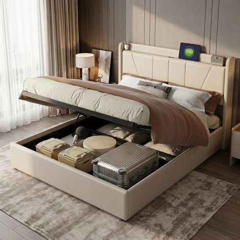 Cama canapé abatible 160x200 cm con estación de carga USB/USB-C - Cama de matrimonio capitoné con elevación hidráulica, somier de láminas y almacenaje - Lino, beige (1/5)