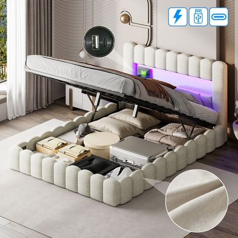 Cama litera 140x200 cm con LED, cama doble tapizada con somier de lamas y cofre de almacenamiento, cama de adulto de tela de lino, USB, beige. (1/5)