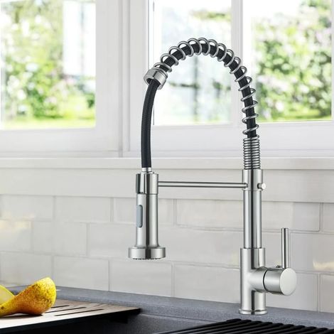 Robinet de cuisine mitigeur à rotation 360° avec douchette extractible 2 modes spray - nickel brossé (1/5)