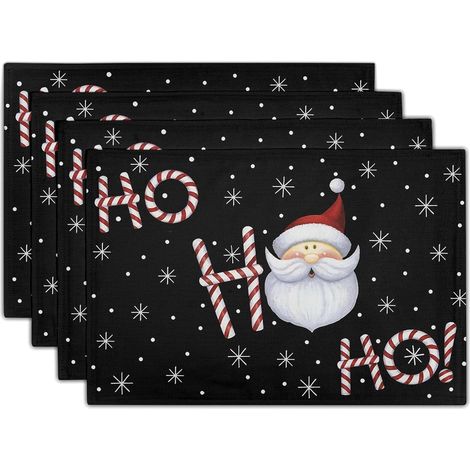 Placemat - Set De 4 Placemats De Table Noël - Motif Père Noël Flocons De Neige - 30 X 45 Cm - Résistant À La Chaleur - Lavable - Noir (1/5)