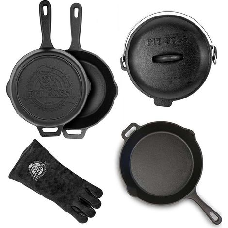 Kit de 6 accessoires en fonte pré-assaisonnée pour barbecue – Poêle, casserole et couvercles – Excellente rétention de chaleur – Pitboss (1/5)