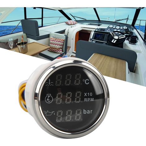 Manomètre trois-en-un DC9-32V 52MM pour la température de l'eau, la vitesse et la pression d'huile, adapté aux camping-cars, yachts, bateaux de pêche et navires (cadran noir, couvercle argenté) (Référ (1/5)