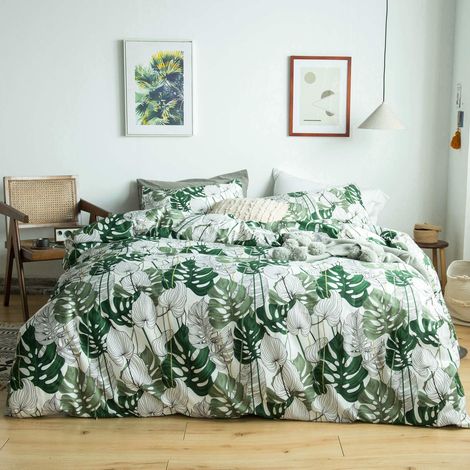 Parure de lit 3 pièces 100% Coton avec Housse de Couette et 2 taies d'oreiller Motif Feuilles de Monstera Tropical, Vert Tropical, 1 Housse de Couette avec Fermeture éclair et 2 taies (1/5)