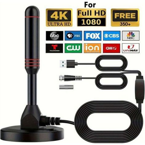 Antenne TV - Intérieure - TNT DVB-T2 - 4K 1080P - Portée Jusqu'à 500 km - Câble 5 m - Base Magnétique - 1 Pièce (1/4)