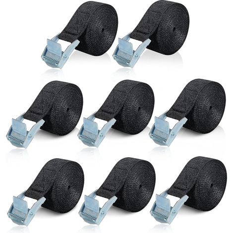 Lot de 8 sangles d'arrimage courtes de 2 m - Noir - Sangle d'arrimage courte - Sangle de fixation réglable avec boucle de serrage pour voiture, vélo, diable, moto, bagage, camping (1/5)