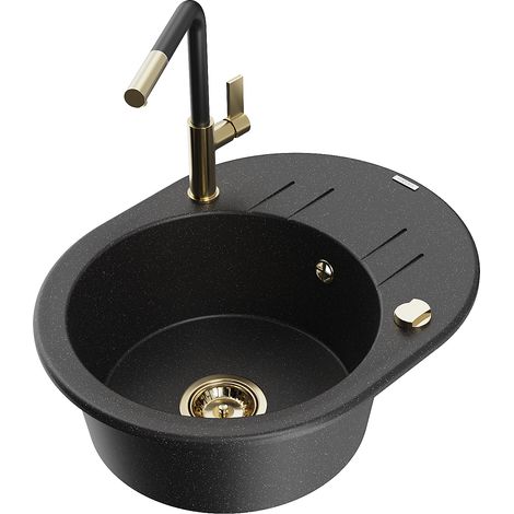 Mexen Kevin 1 Becken-Granitspüle mit Abtropffläche und Mischbatterie Flora, Schwarz/Silbermetallic -