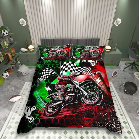 Parure de lit 135 x 200 cm pour enfant - Motif : motocross et voiture - Housse de couette - Pour garçon - Décoration de chambre à coucher (1/5)