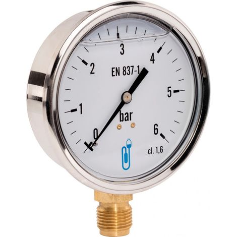Ölbadmanometer Edelstahl - vertikaler Anschluss 8x13 - Zifferblatt Ø63mm 0 bis 6 bar