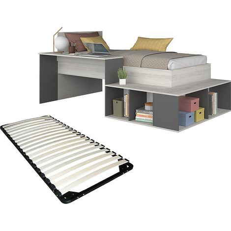 Letto combinato 90 x 200 cm con vani portaoggetti e scrivania Naturale e Antracite + Rete - RIGALI
