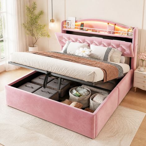 Cama canapé 140x200 de terciopelo con LED, USB/USB-C y almacenaje en cabecero rosa OKMYHOME (1/5)