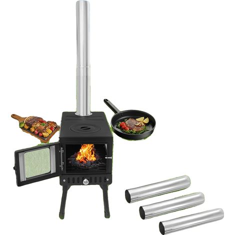 Poêle de camping, acier au carbone, cheminée de 1,3 m, adapté pour 3-5 utilisateurs, bac à cendres amovible, structure divisée (1/5)