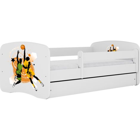 Lit enfant et junior 80 x 180 cm avec tiroir et barrière amovible, motif Basket-ball, blanc (1/4)