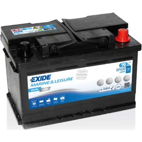BATTERIE EXIDE AGM MARINE & LOISIRS EP600 - 12V 70AH 760A 278X175X190 +D (1/5)