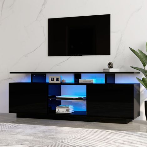 DESMIU Meuble TV 2 portes 5 niches LED contrôle par application pour salon en panneaux de particules noir 140 × 35 × 55 cm (1/5)
