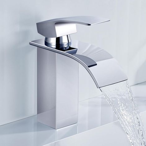 Rubinetto per bagno con beccuccio alto 8,5 cm, miscelatore per lavabo a cascata con acqua calda e fredda. (1/5)