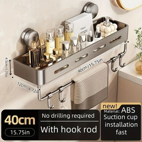 (40 cm carré XP) Étagère murale de rangement en plastique à ventouses, facile à installer, pour ranger shampoing, savon et produits de toilette dans la salle de bain. (1/5)