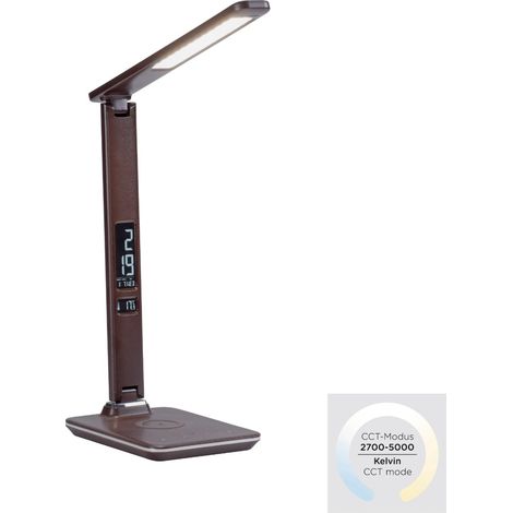 Lampe bureau LED 6W brun, chargeur Qi, Paul Neuhaus