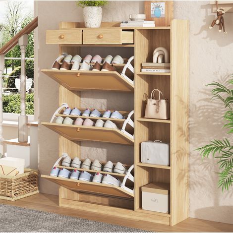 Zapatero 90x24x130 cm, 3 compartimentos abatibles, 2 cajones, estantes laterales abiertos, tablero de partículas, natural (1/5)