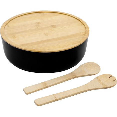 XXL Salatschüssel inklusive Bambus Besteck 30 cm - schwarz - Kunststoff Schale groß mit Holz Deckel - Rührschüssel Servierschüssel Obstschale Schüssel mit Servierbesteck Schale für Obst Salate Dessert