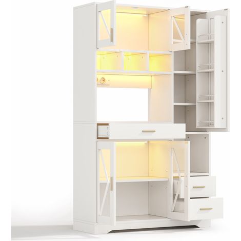 Aparador alto de cocina blanco con LED, enchufes, vitrina y cajón 105x40x185 cm HOMVRA (1/5)