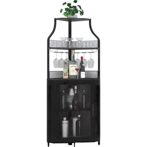 Meuble bar d’angle noir 154,94 cm LED 5 niveaux, support verres et porte maille pour vin et spiritueux (1/5)